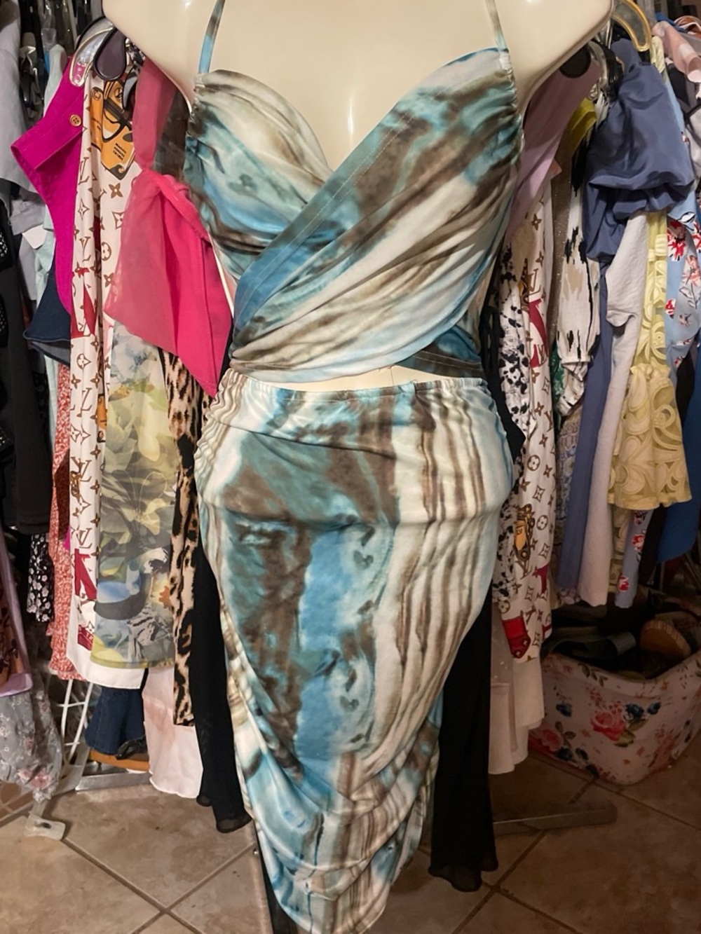 Blue and Brown Tie-Dye Wrap Midi dress